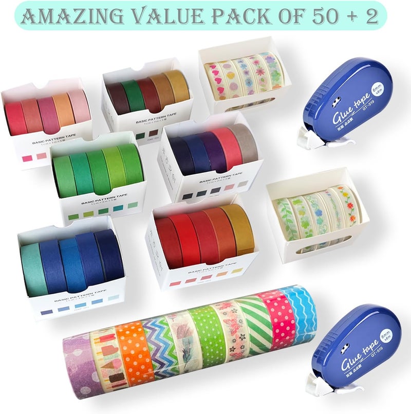 BLEDS 50 Rolls Washi Tape Set, Colored Decorative Washi Tapes Kit 15mm & 10mm Wide with 2 Adhesive Rollers, Masking Tapes for Decorative Craft Wrapping Planner Notebook Journaling Bullet - Image 4